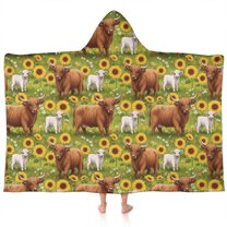 Green Highland Cow Sunflower Field Pattern Hooded Bath Towel,60"x35" for Ages 3 To 12 Kids, Quick Dry Lightweight Soft Microfiber Hood Beach Towel Cover Up for Kids