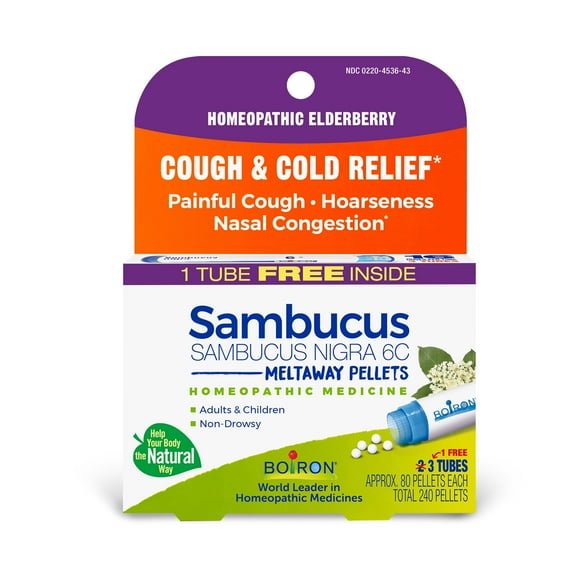 Boiron Sambucus Nigra 6C Bonus Pack, Homeopathic Medicine for Cough & Cold Relief, Painful Cough, Hoarseness, Nasal Congestion, 240 Pellets