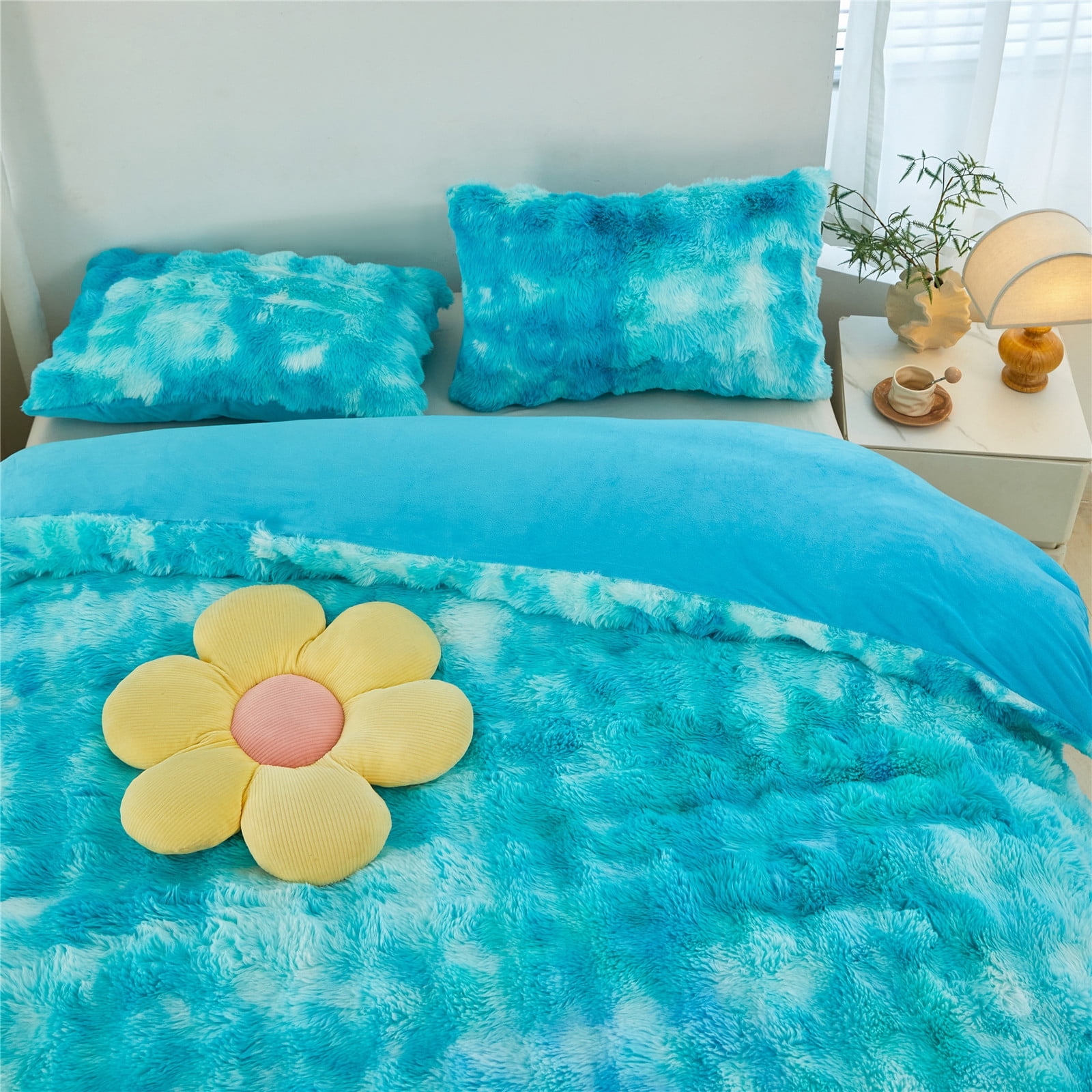 RYNGHIPY Fuzzy Comforter Set for Girls Queen 3pcs Faux Fur Bedding Set Tie Dye Teal Plush Bed Comforter Set Winter Bubble Bedding with Pi1lowcases