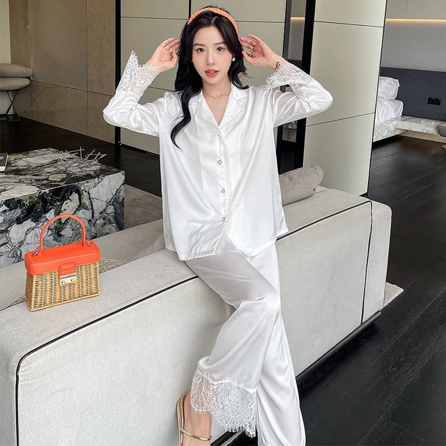 Pijama de seda de hielo para mujer, traje informal de manga larga con solapa, prendas de vestir similares a la seda, ropa de moda para el hogar, prendas de vestir exteriores