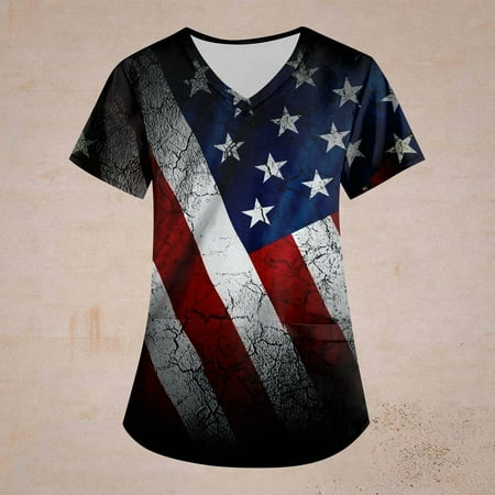 

Sksloeg Scrubs Tops for Women Plus Size Breathable American Flag Print Shirts Tee Tops Short Sleeve V-Neck Nursing Working Uniform with Pockets Dark Gray XL