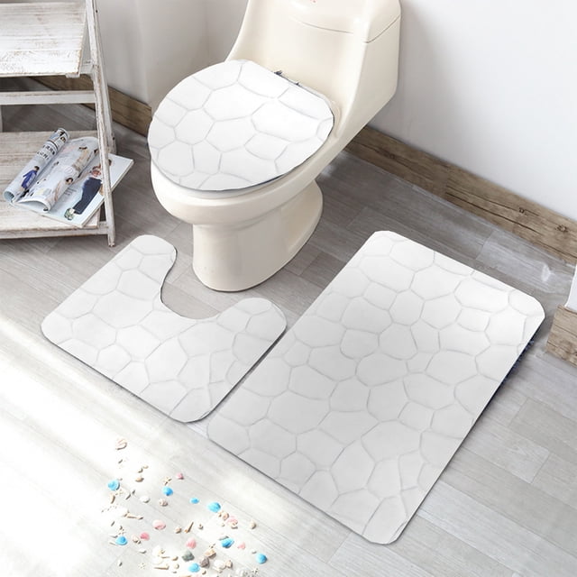 LPSSTORE 3 Piece Rock Memory Foam Bathroom Mat Set Flannel Embossed Rug Mat Toilet Lid Cover 19