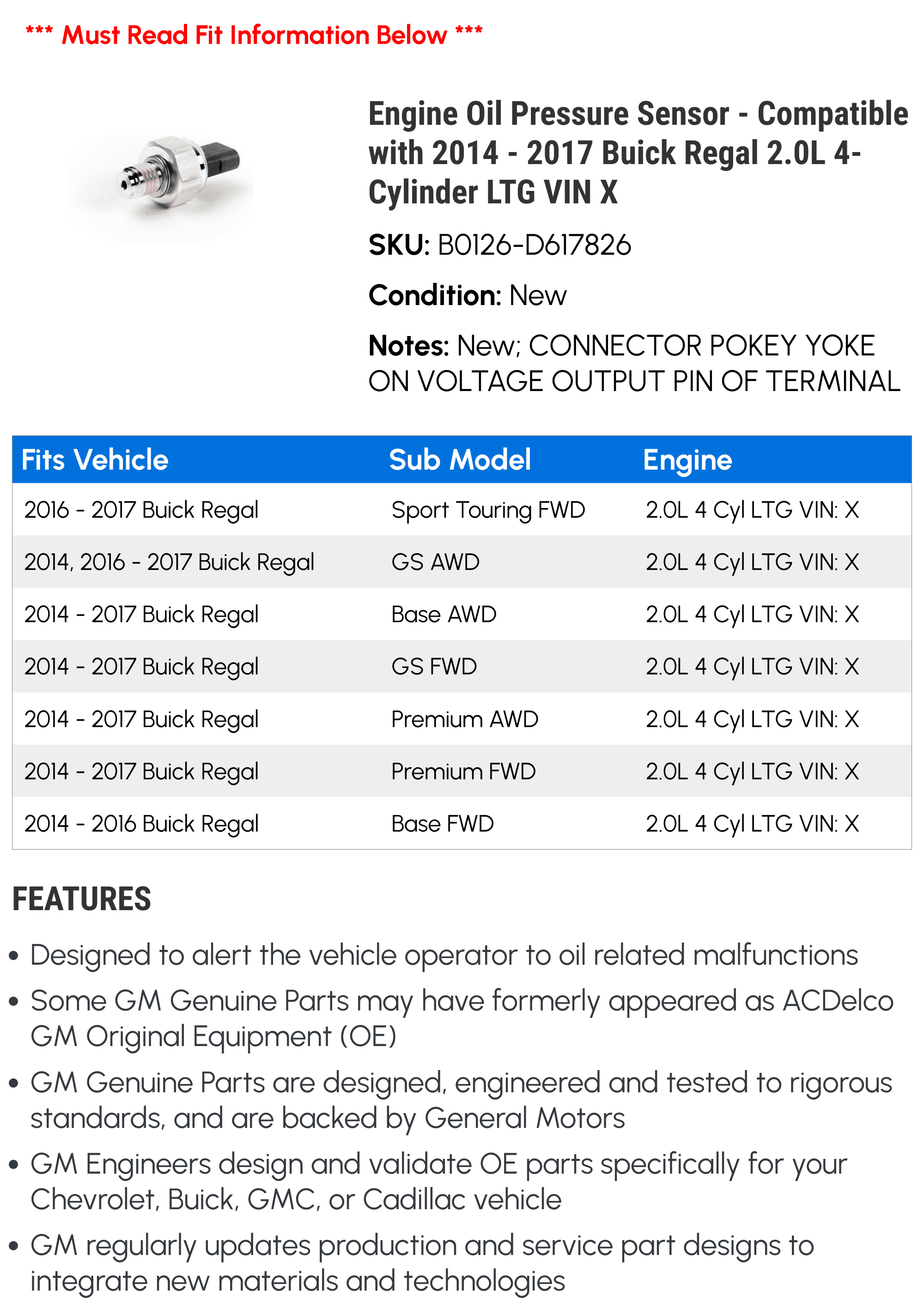 Engine Oil Pressure Sensor - Compatible with 2014 - 2017 Buick Regal 2.0L 4-Cylinder LTG VIN X - AC Delco