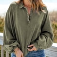 thumbnail image 2 of Blusa de mujer de manga larga con cuello vuelto y botones, blusa de corte informal para mujer a la moda, verde M, 2 of 7