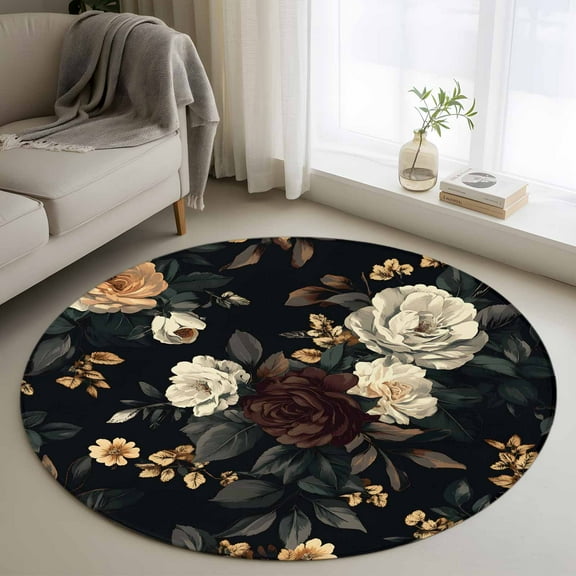 Vintage Black Floral Round Rug 3ft Washable Circle Entryway Rugs Non Slip Spring Seasonal Botanical Blooms Area Rug Indoor Floor Carpet for Bedroom Kitchen Living Room Home Office Dining Room Nursery