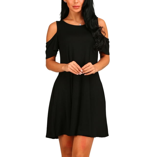 Vestido De Mujer, Vestido De Mujer De Manga Corta Cuello Redondo Negro Para Fiesta
