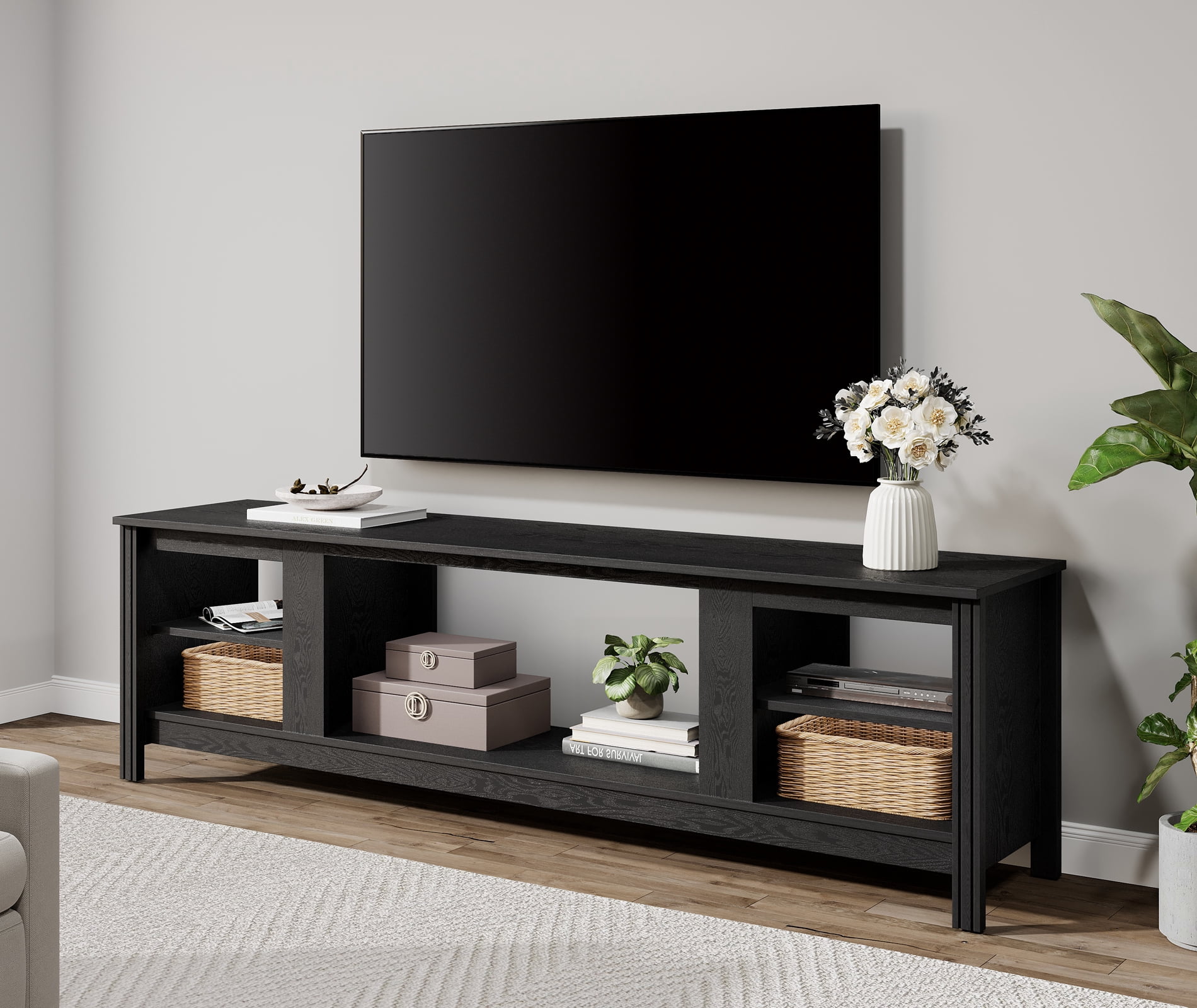 WAMPAT Black Farmhouse TV Console Table for Up to 75 Inch TV, 70” Media Stand with Large Storage