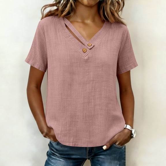 WHLBF Tank Tops for Women V-Neck Short Sleeve Button Loose Casual Summer Cotton Linen Shirt Tank Pink M