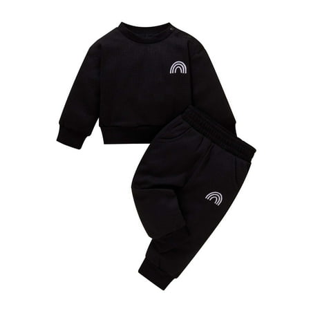 

YWDJ 3-18 Months Boys Girls Outfit Sets Fall Winter Embroidered Pattern Long Sleeved Top Trousers Set Black 3-6 Months