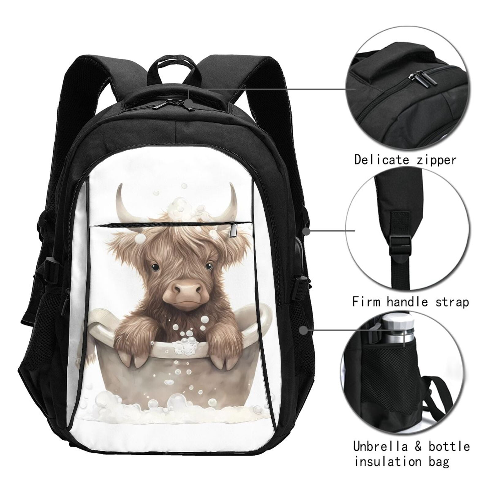 Horeoi Cute Cow Bath Print USB Backpack for Travel School Work with Laptop Compartment Charging Port and Anti-Theft Pocket