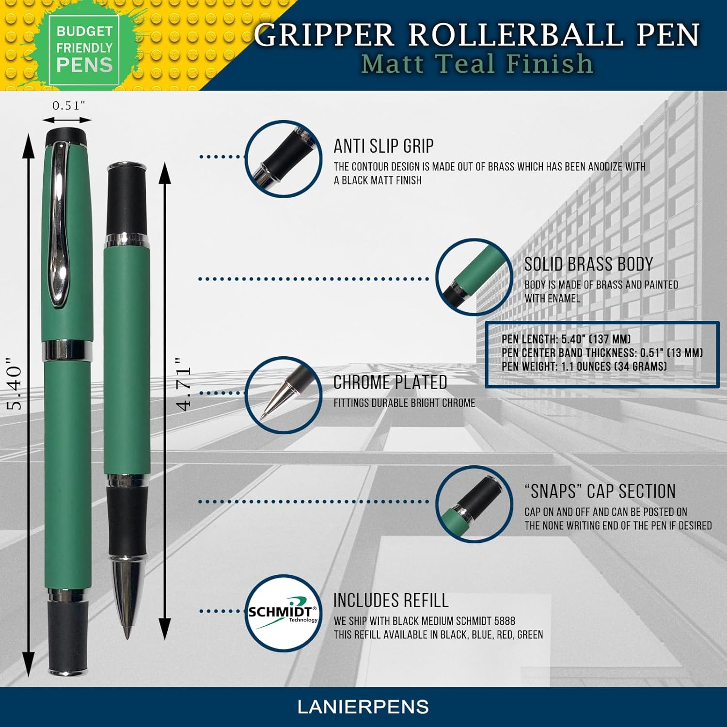 Gripper Rollerball Pen - Matt Teal with Anti Slip Grip (Budget Friendly Pen)