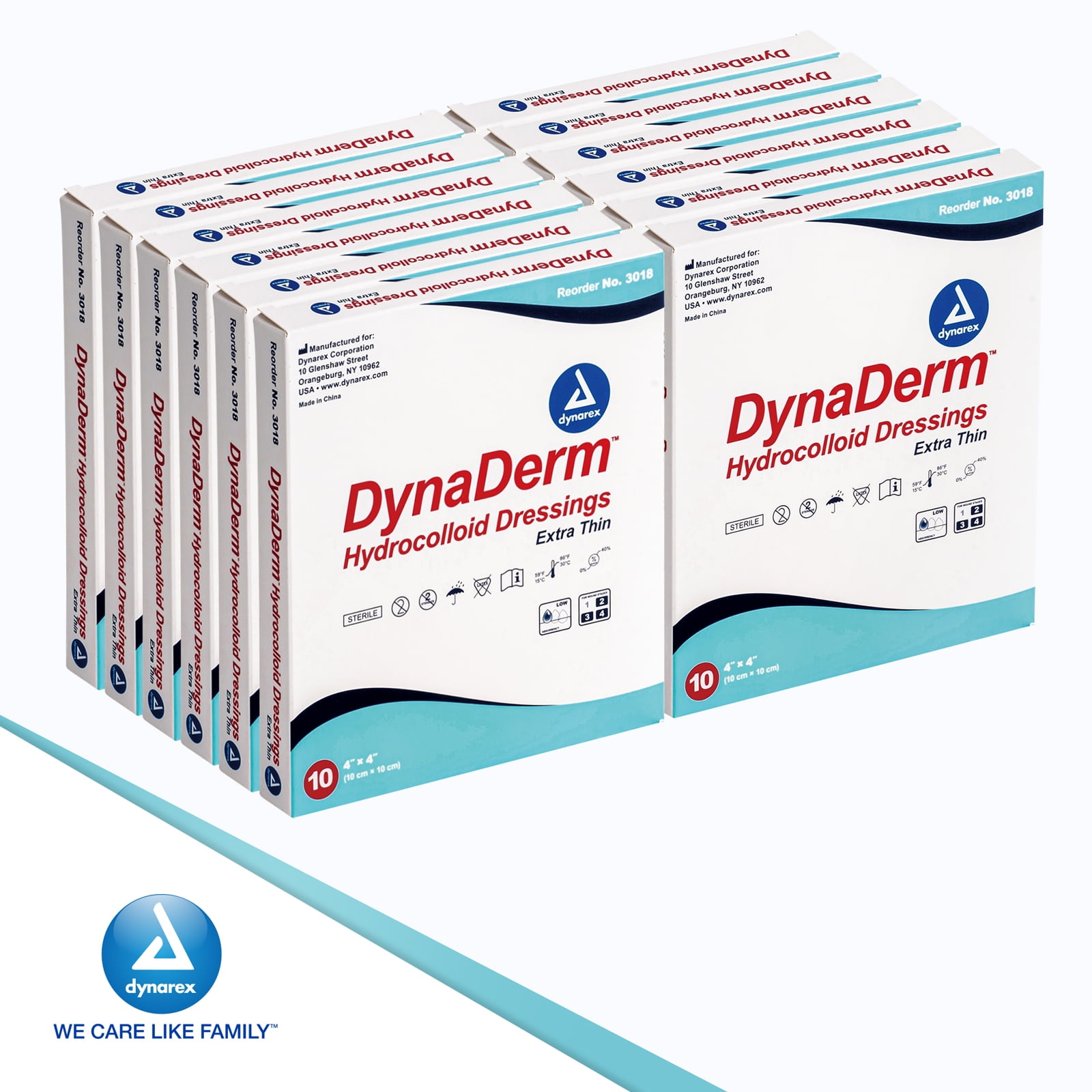 Dynarex DynaDerm Hydrocolloid Dressings, Sterile Moist Bandages Used for All Kinds of Wounds, 4" x 4", X-Thin & Latex-Free, Peel-Down Patches - 1 Case, 12 Boxes of 10 Dressings