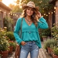 thumbnail image 5 of Trending Womens Clothes Dressy Casual Frayed Shirts V Neck Vintage Long Sleeve Gauze Blouses Raw Hem Beach Vacation Outfits XXL Green, 5 of 8