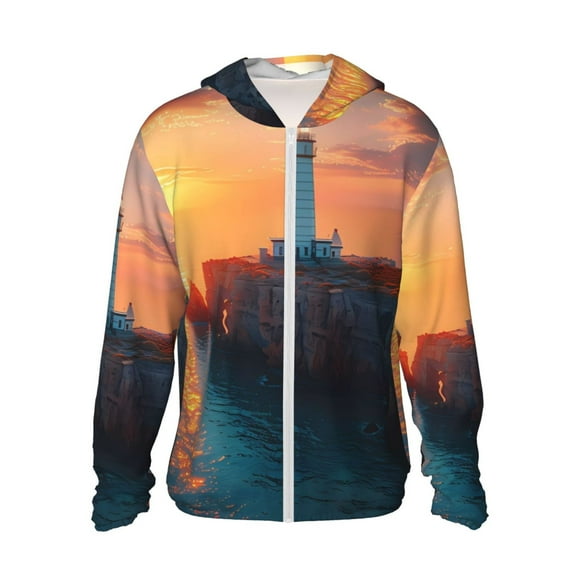 Vsdgher Phare au Coucher du Soleil Imprimé Côte Sweat à Capuche Adulte pour Hommes Femmes, Manches Longues Protection Solaire Chemises de Pêche pour Course Natation-TTG