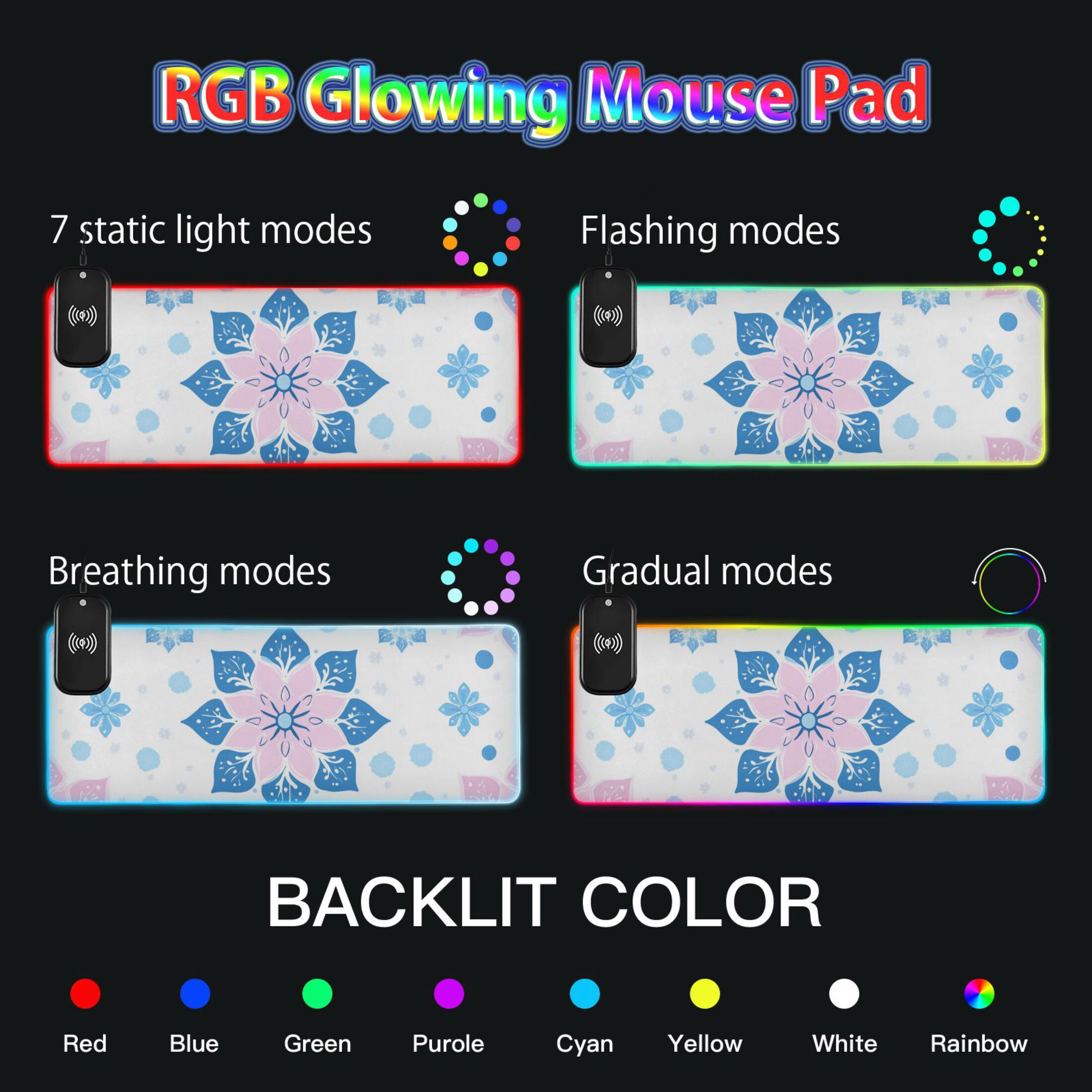 Pink Blue Floral Geometric Wireless Charging RGB Gaming Mouse Pad Large Keyboard Mat Rubber Base 13 Light Modes