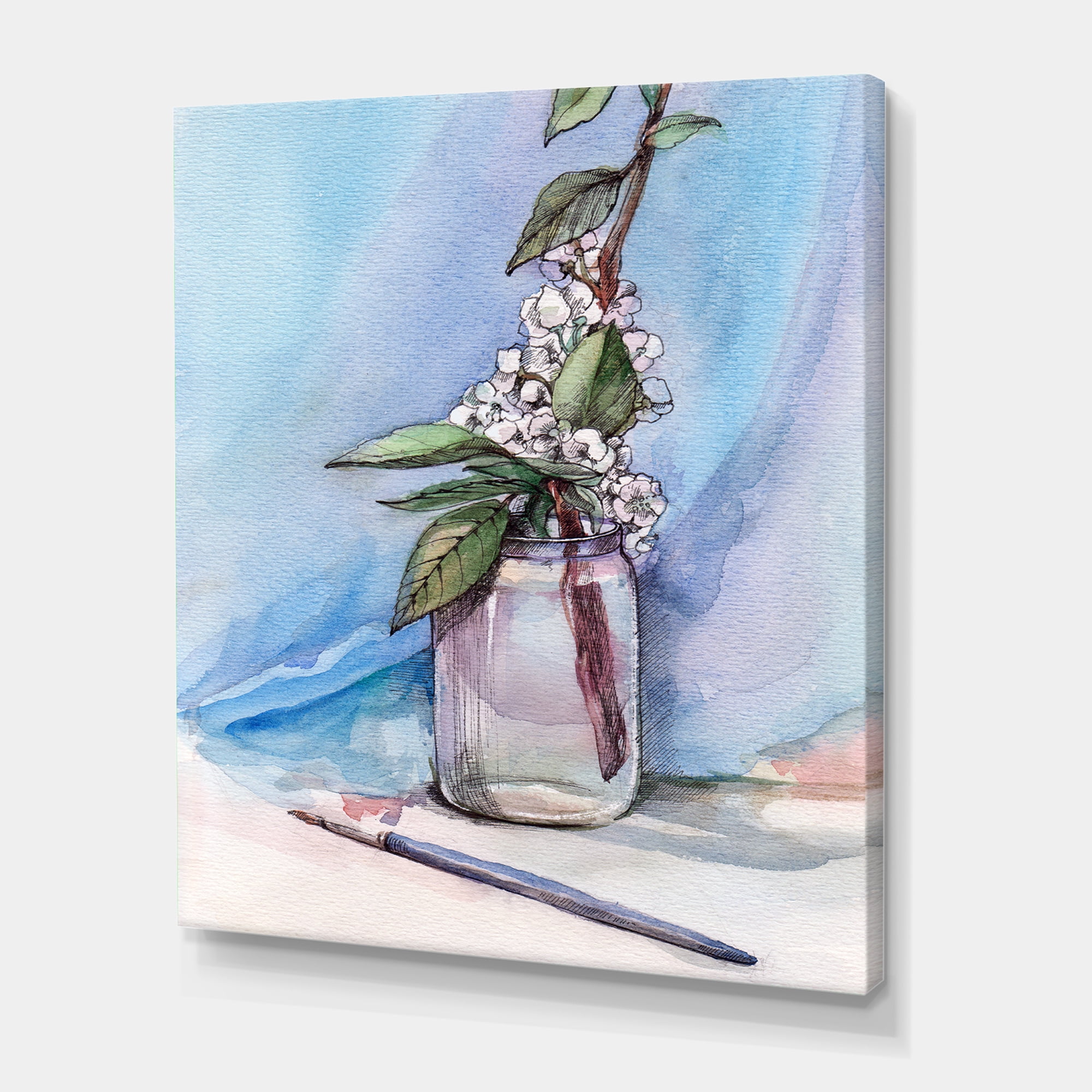 Designart ' Cherry Blossom Flowers In Glass Jar ' Farmhouse Canvas Wall Art Print