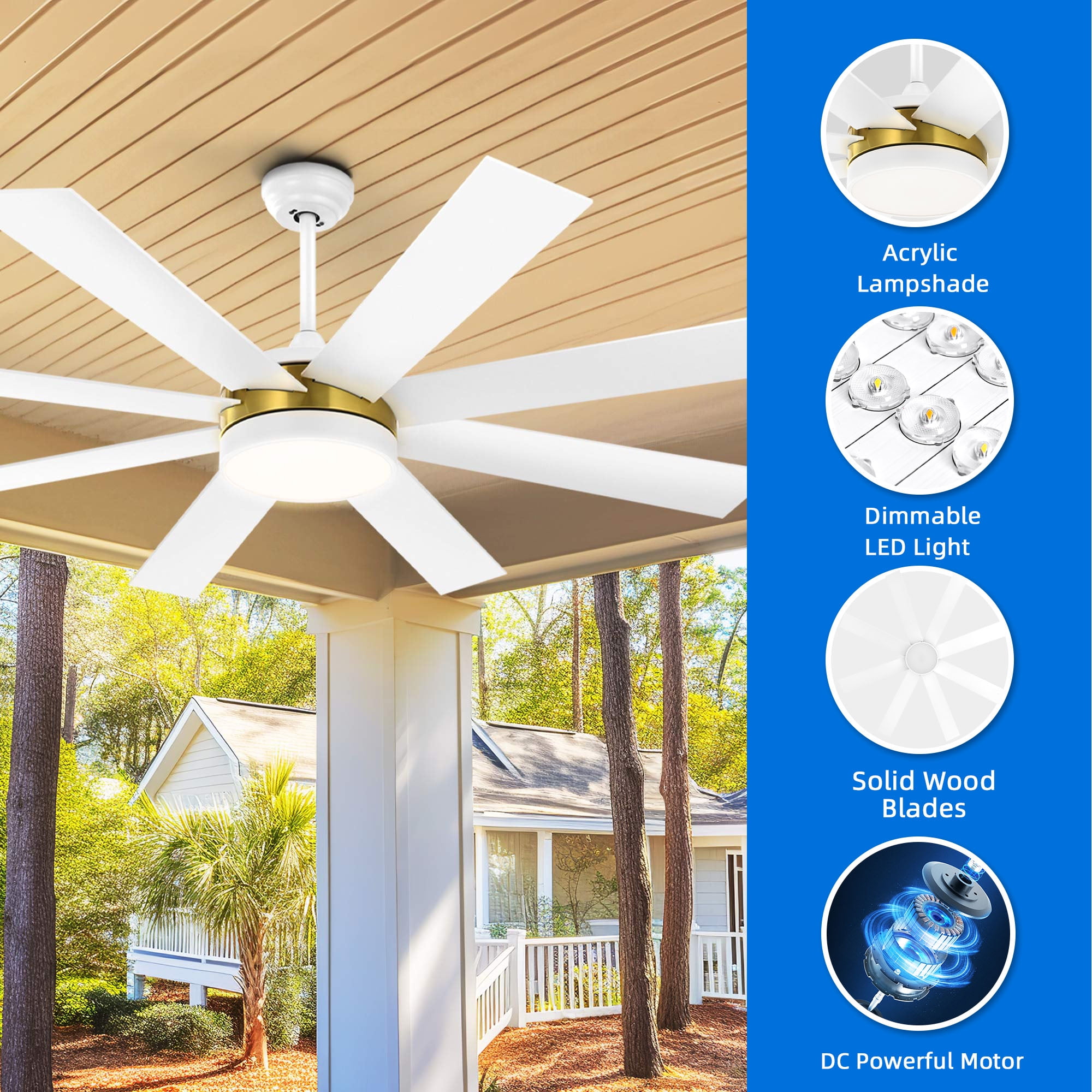 Dextrus 60 inch Modern Ceiling Fan with Light and Remote, DC Fanlight for Living room, Bedroom, 8 Blades, Reverse Airflow,6 Speeds, 3 Color Temperatures - White & Gold