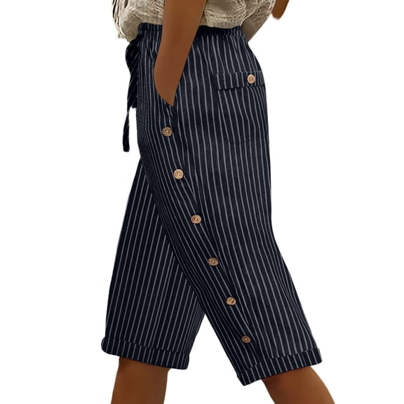 Striped Capri Pants Women Drawstring Loose Fit Button Pants Lightweight Summer Pinstripe Pants