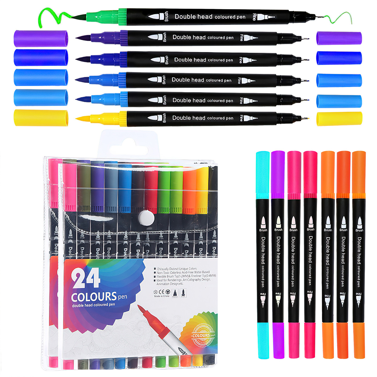 24 Colors Dual Tip Acrylic Paint Pens Markers, Dual Brush Fine Point