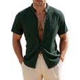 thumbnail image 2 of Men's Solid Color Short Sleeve Stand Collar Button Cardigan, Casual Beach Shirt, Lightweight Crinkle Fabric Top for Resort Wear, Vacation and Warm Weather Outings Green M, 2 of 9