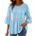 thumbnail image 2 of ClodeEU Women's Round Neck Lace Bell 3/4 Sleeve Tiered Peplum Blouse,Casual Loose Flowy Summer Tunic Top Blue,Women's Plus L, 2 of 8