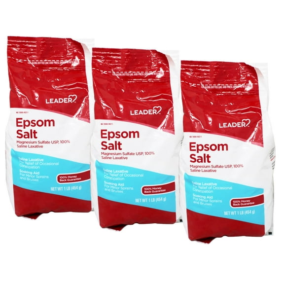 LEADER Epsom Salt Soaking Aid, Magnesium Sulfate Saline Laxative, Ideal for Relaxation, Muscle Recovery, Resealable Bag, 1 lb - 3 Pack