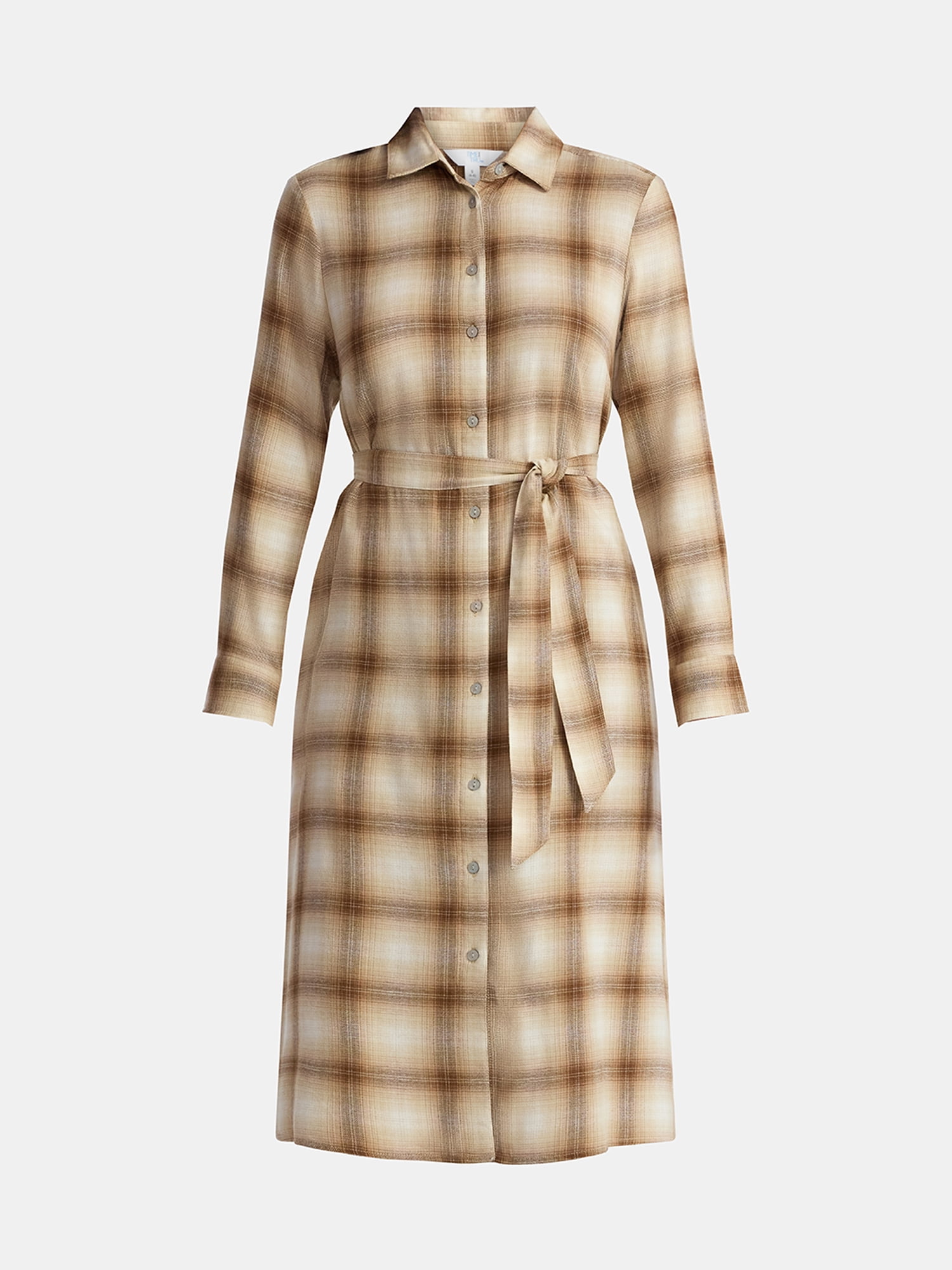Time and Tru Women's Plaid Shirt Dress with Long Sleeves, Sizes XS-XXXL