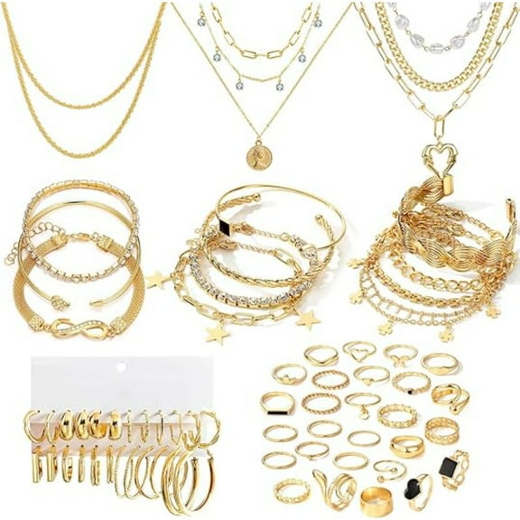 59 Pcs Gold Jewelry Set for Women, 18K Gold Plated Hypoallergenic Complete Collection with Necklaces, Bracelets, Rings & Earrings, Elegant Gift Set for Daily Wear & Special Occasions