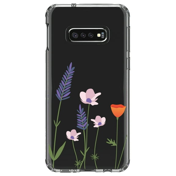 DistinctInk Clear Shockproof Hybrid Case for Samsung Galaxy S10e (5.8" Screen) - TPU Bumper Acrylic Back Tempered Glass Screen Protector - Wildflowers Blue Purple Pink