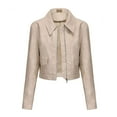 thumbnail image 2 of SWSMCLT Women's Short Moto Jacket Collared Slim Fit Crop Jackets Zip Up Motorcycle Coat Long Sleeve Suede Vegan Leather Fall Pockets Beige 12, 2 of 5