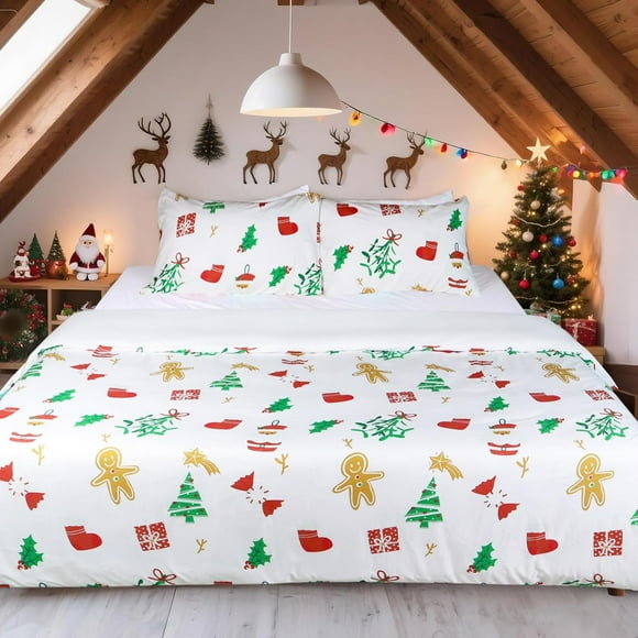 100% Polyester Printed Christmas Duvet Cover Set - Queen Size 3 Piece Lightweight & Breathable Bedding Set, Soft Microfiber Comforter Cover with Zipper Closure, Christmas Cartoon
