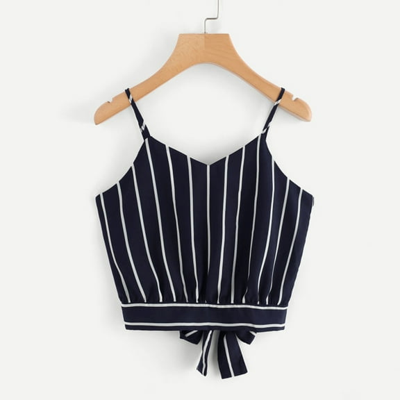 Herrnalise Women's Classic-Fit 100% Cotton Short-Sleeve V-Neck T-Shirt Women's Self Tie Back V Neck Striped Crop Cami Top Camisole Blouse