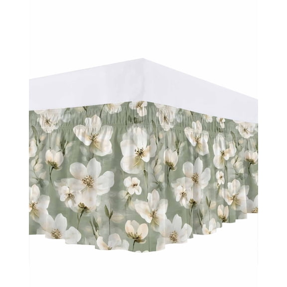 Vintage Magnolia Ruffle Bed Skirt Queen Size White Blooming Floral Watercolor Green Adjustable Elastic Dust Bed Skirts Wrap Around Bedskirt Wrinkle Free Easy Fit with 18 Inch Drop