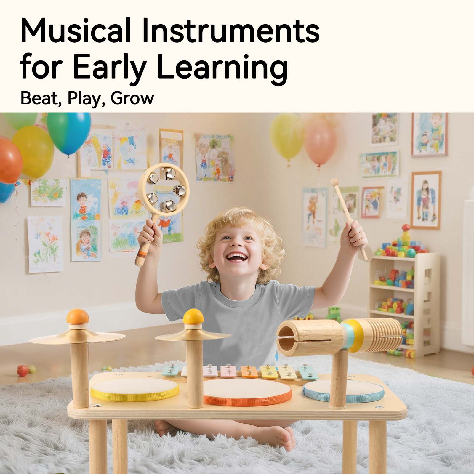 OATHX Kids Drum Set, Montessori Musical Instruments for Toddlers, Wooden Musical Toys for Baby, Preschool Educational Xylophone Drum Kit