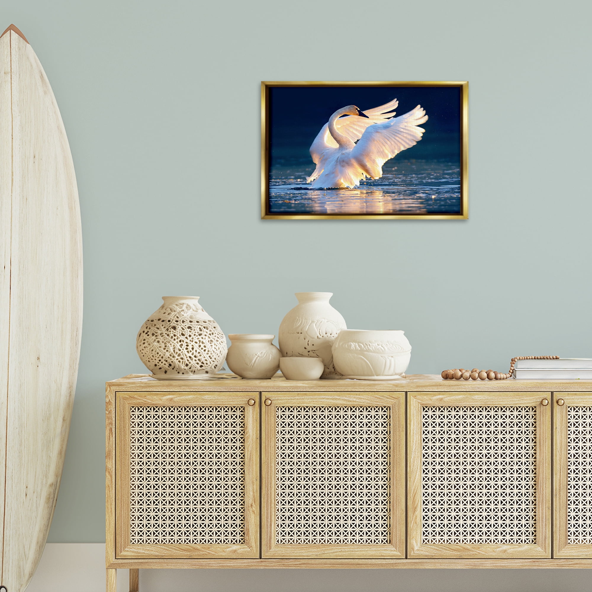 Stupell Industries Sunset Symphony Swan Animals Photography Gold Floater Framed Canvas Art Print Wall Art, 25 x 17