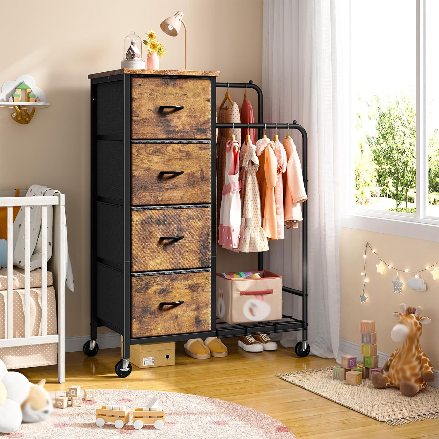 47.3" H Dresser with Hanging Rack, 4 Fabric Drawers with Double Clothes Rack & Wheels, Tall Closet Organizer Dresser for Bedroom, Entryway, Rustic Brown, 15.8" D x 29.9" W x 47.3" H