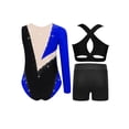 thumbnail image 2 of inlzdz Dance Unitards for Girls Shiny Rhinestones Color Block Asymmetrical Skating Leotard with Royal Blue 14, 2 of 5