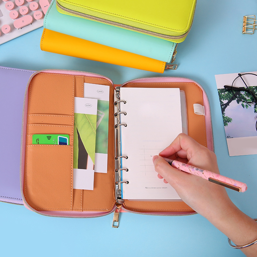Zippered Leather Notebook Binder Cover with Card Pocket Elastic Pen Slot Refillable 6 Rings Binder Cover for Planner