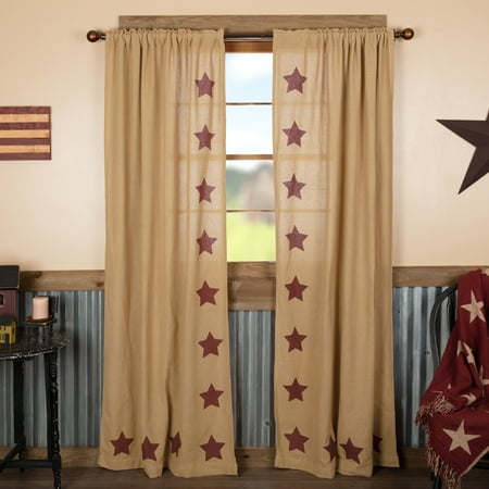 Natural Burgundy Tan Primitive Curtains Veranda Burlap Tan Stars