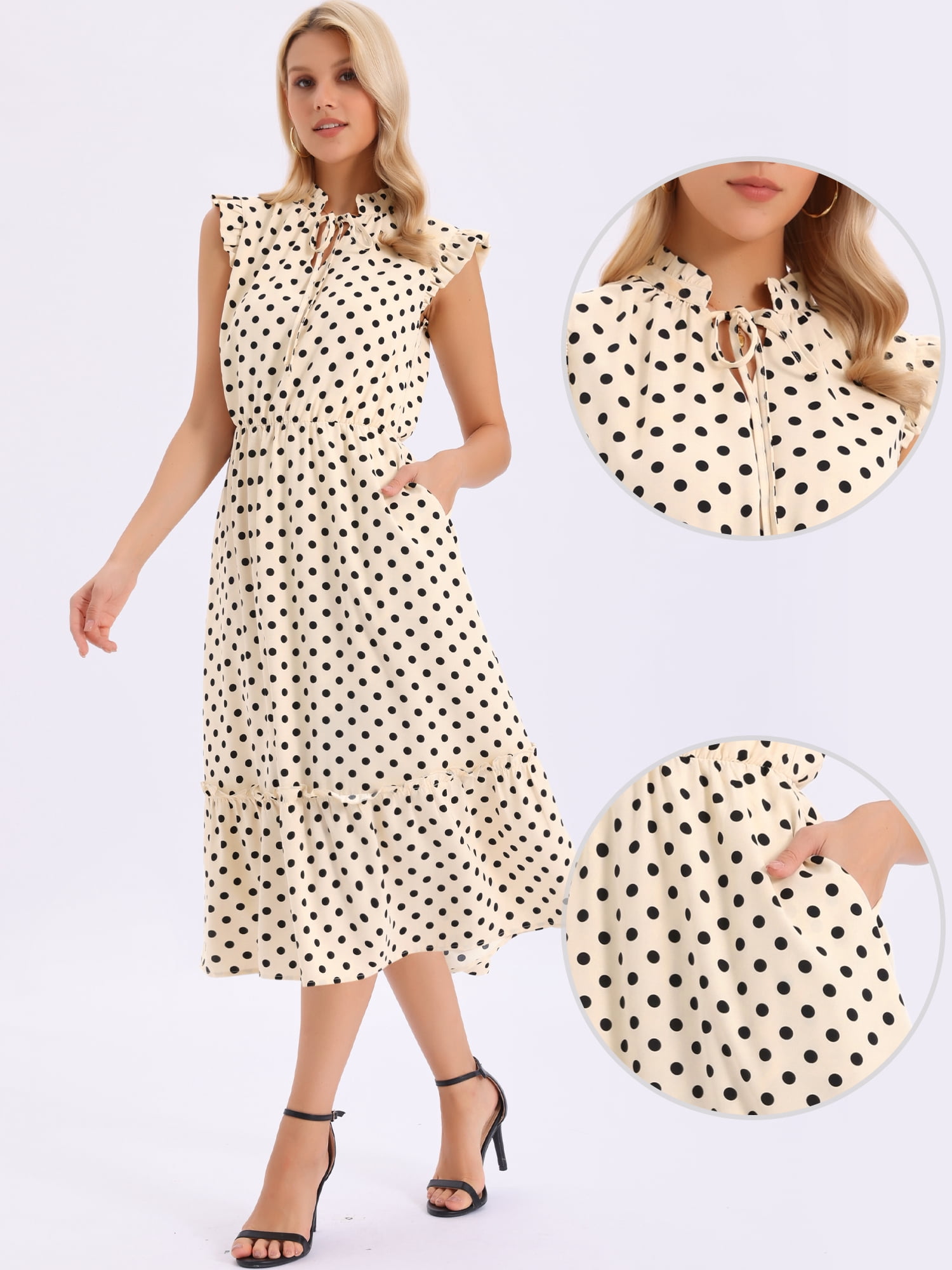 DARING DIVA Women's Polka Dots Midi Peasant Ruffle Sleeve V-Neck Dresses XS Apricot