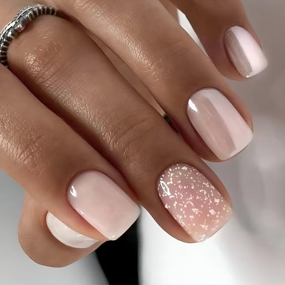 RAGUPEL Short Square Press on Nails Fake Nails, Nails Press ons Chrome Glue on Nails Short Glossy Acrylic Artificial Nails Stick on Nails for Women 24Pcs