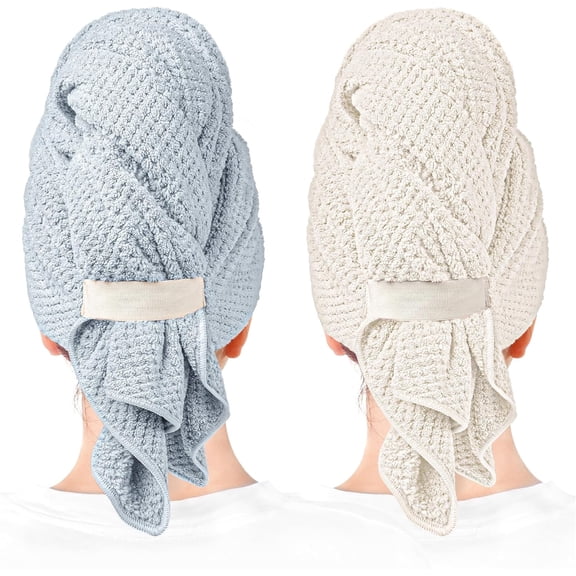 2 Packs Large Microfiber Hair Towels for Women, Super Absorbent & Quick Dry Hair Towel Wrap for Curly Hair Long & Short Hair- Anti-Frizz Hair Turbans for Wet Hair (Blue, White)