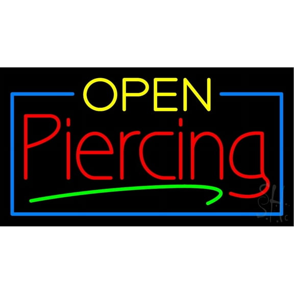 Yellow Open Piercing Blue Border LED Neon Sign 13" Tall x 24" Wide - inches Black Square Cut Acrylic Backing, with Dimmer - Premium built indoor Sign for Storefront, Store interior, Studio.