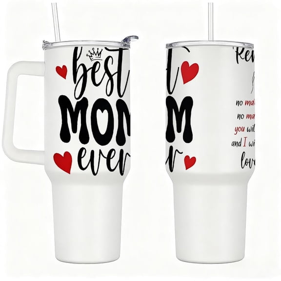 Stainless Steel Insulated Tumbler with Handle, Lid and Straw, Best Mom Ever Text Design, Double-Wall Vacuum Travel Cup, Mother’s Day Gift