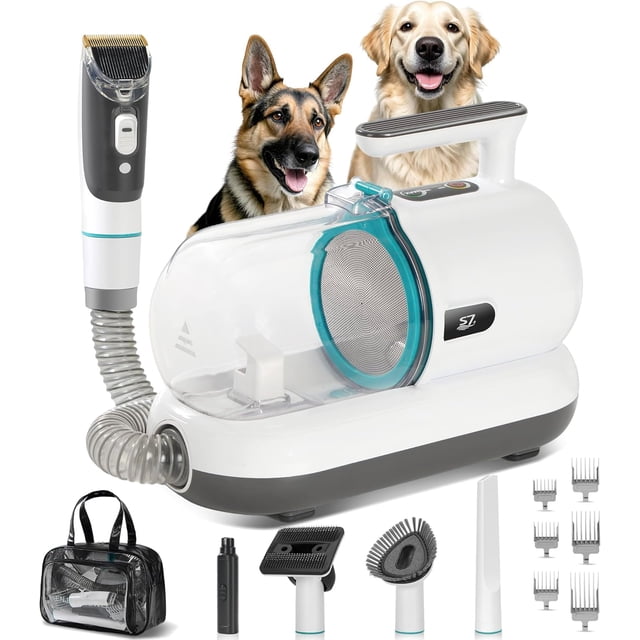Kit de Aspiradora para Aseo de Perros S7 con cortapelos de bajo ruido y cepillos, equipo blanco y gris con contenedor transparente y aro turquesa, mango superior, cortapelos conectado por manguera flexible, seis peines guía ajustables, cabezales de cepillo, lima de uñas y bolsa de transporte; diseñado para aspirar el pelo mientras se cepilla para el aseo en casa, y a menudo utilizado para mantenimiento regular entre visitas al peluquero.