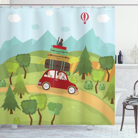 Scenic Summer Shower Curtain, Cartoon Road Tripping Themed Family in a Car with Suitcases Cat, Fabric Bathroom Set with Hooks, 69W X 70L Inches, Avocado Green Multicolor, by Ambesonne