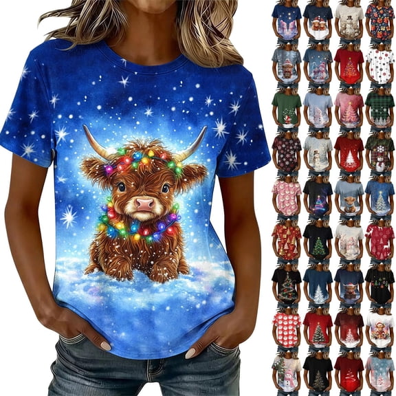 Yourumao Christmas Tshirts for Women Short Sleeve Winter Cow Graphic Tees Crewneck Loose Casual Plus Size Tshirts for Xmas Holiday