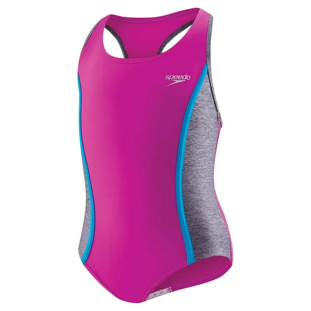 Speedo Girls' 1piece Swim, Fuchsia Side Splice Sizes 516 Chlorine