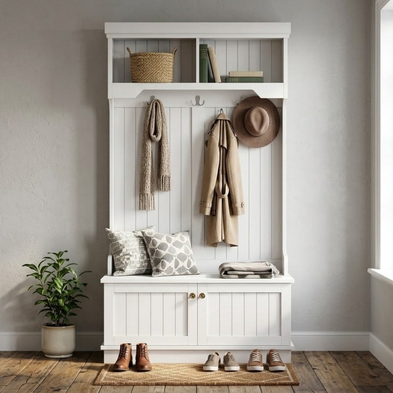 4-in-1 Hall Tree with Storage Bench, Entryway Coat Rack with Hooks, Shoe Storage Cabinet and Display Shelves, Modern Mudroom Organizer for Living Room, Hallway