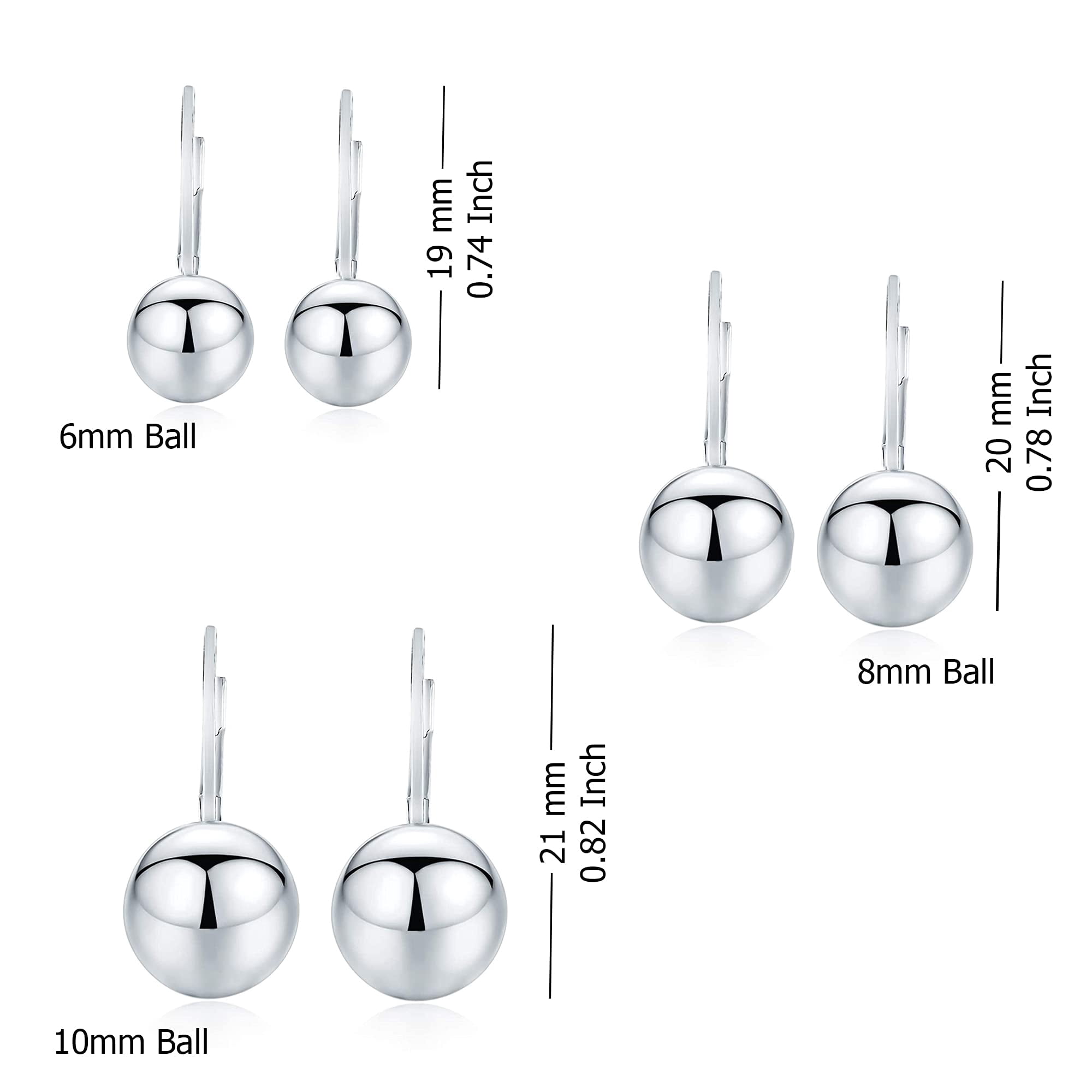 LeCalla 925 Sterling Silver Hypoallergenic Light-Weight Classic Ball Drop Dangle Lever-Back Earrings for Women and Teen Set of 3 Pairs (6MM, 8MM, 10MM)